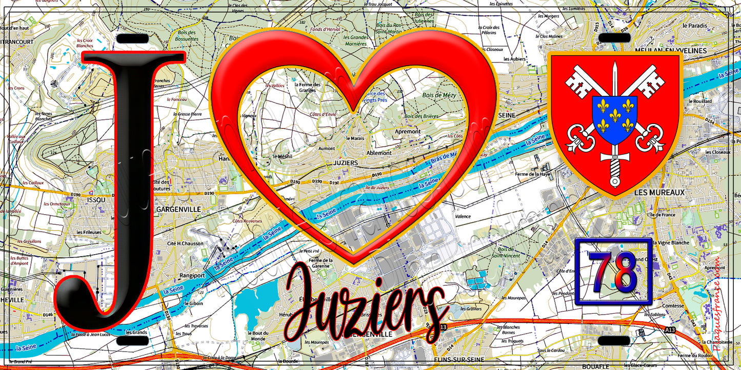 Plaque métal décorative  J' ❤️ Juziers, Yvelines (78) fond carte