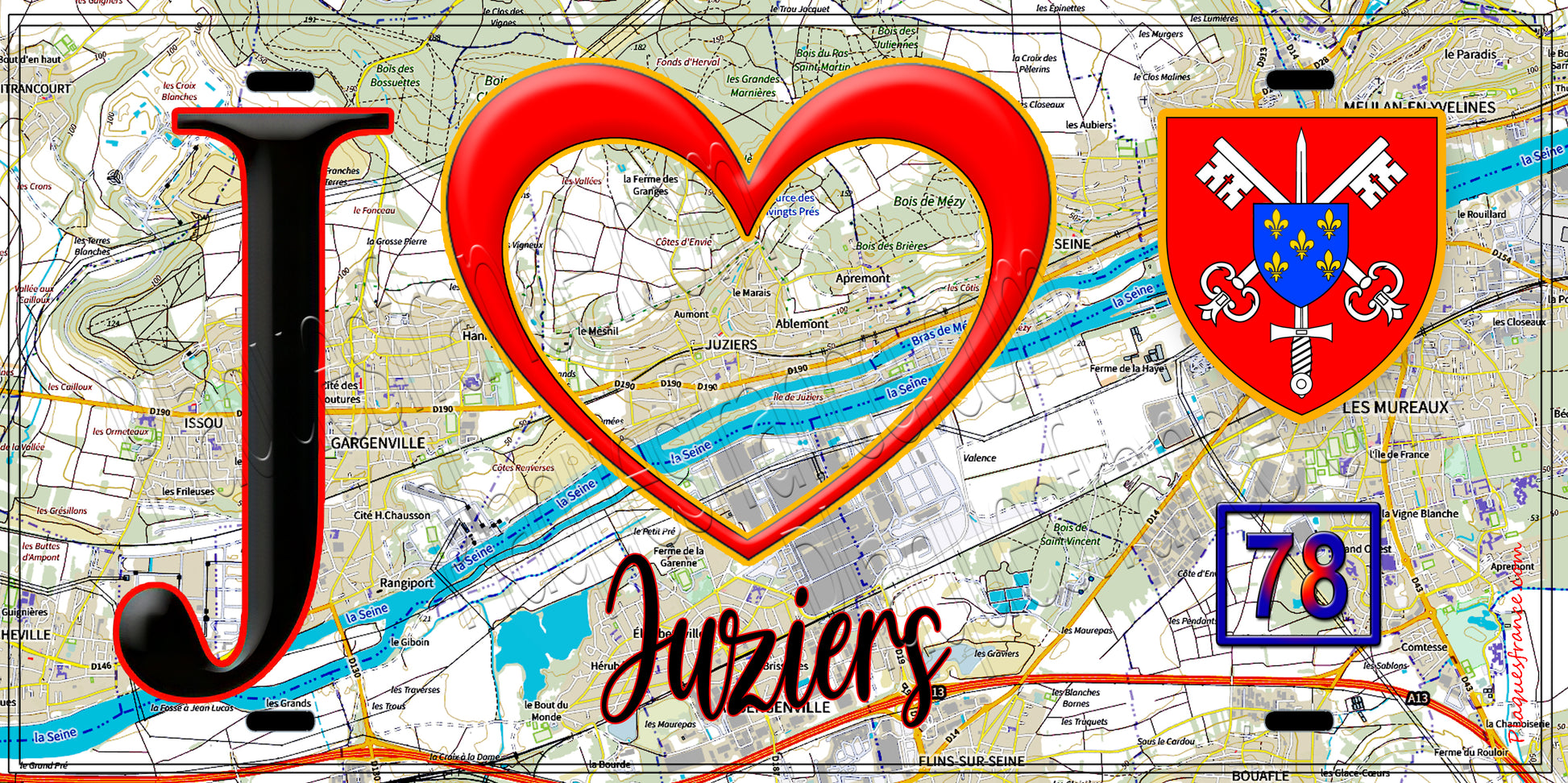Plaque métal décorative  J' ❤️ Juziers, Yvelines (78) fond carte