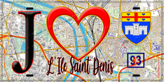 Plaque métal décorative  J' ❤️L'Île-Saint-Denis, Seine Saint Denis (93) fond carte