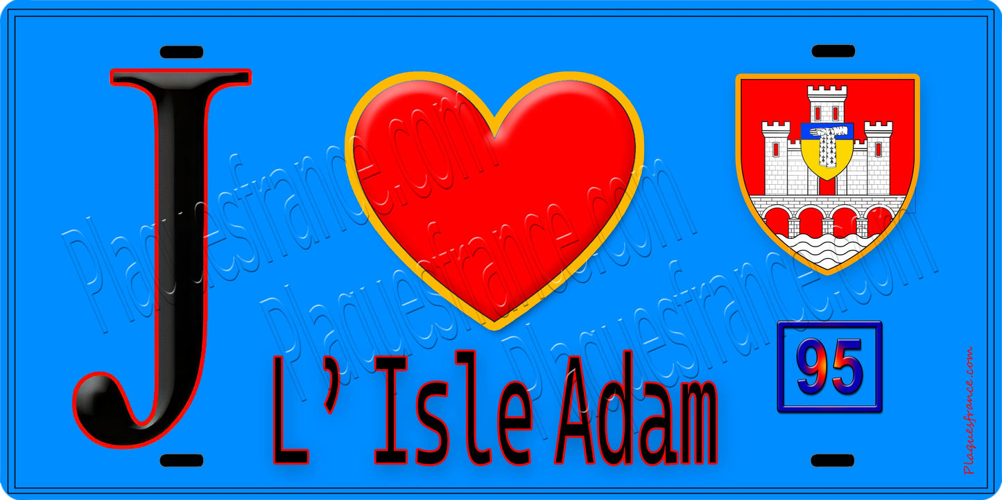 Plaque métal décorative  J' ❤️L'Isle-Adam, Val d'Oise (95) fond bleu