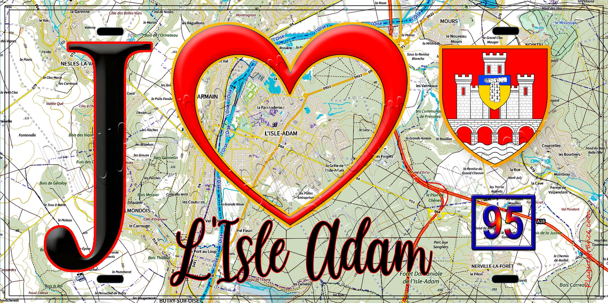 Plaque métal décorative  J' ❤️L'Isle-Adam, Val d'Oise (95) fond carte