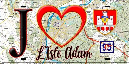 Plaque métal décorative  J' ❤️L'Isle-Adam, Val d'Oise (95) fond carte