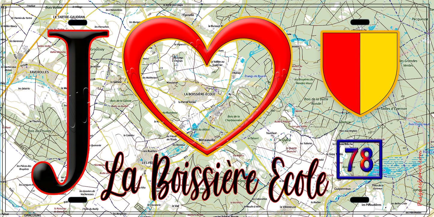 Plaque métal décorative  J' ❤️ La Boissière-École, Yvelines (78) fond carte