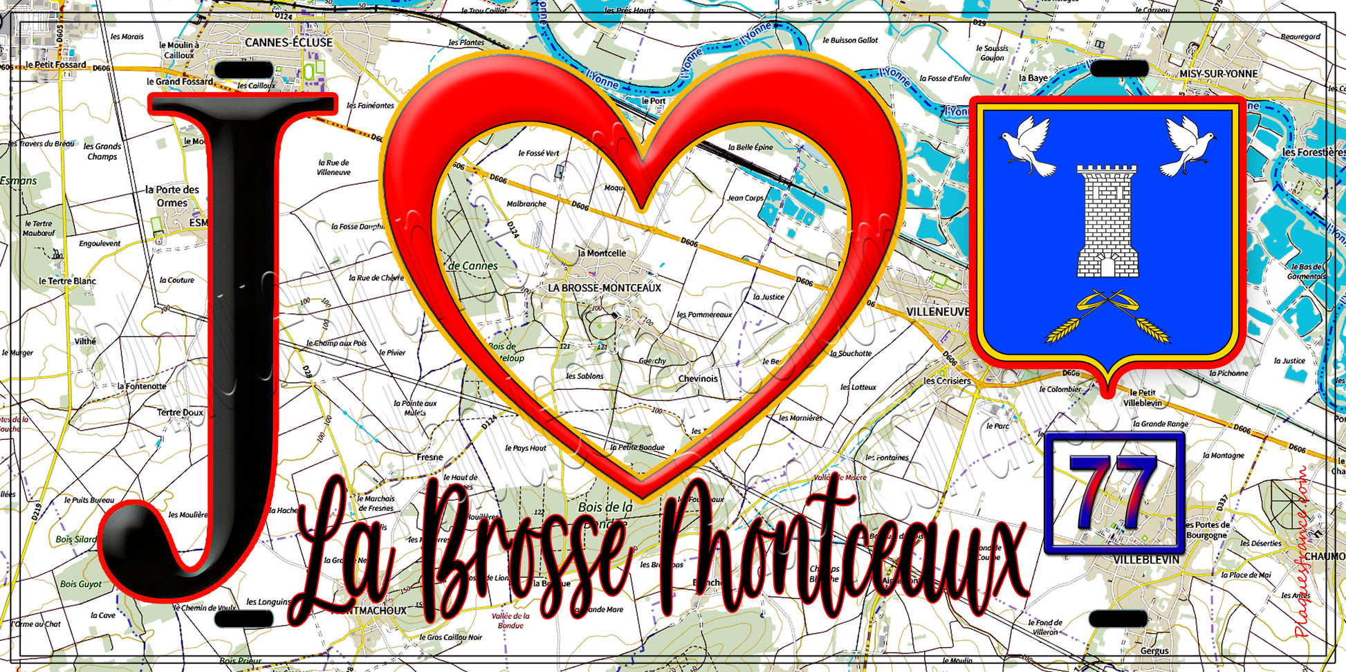 Plaque métal décorative  J' ❤️La Brosse-Montceaux, Seine et Marne (77) fond carte