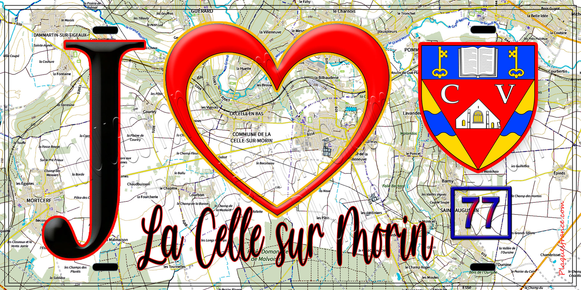Plaque métal décorative  J' ❤️La Celle-sur-Morin, Seine et Marne (77) fond carte