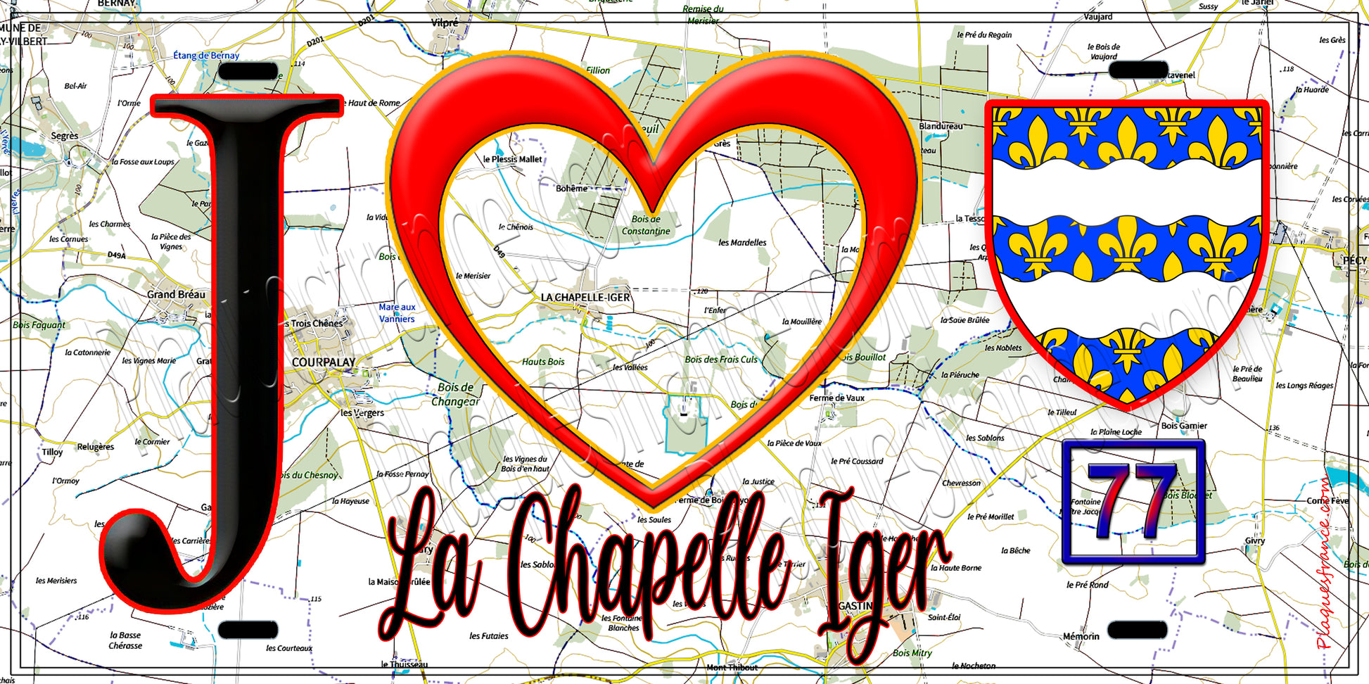 Plaque métal décorative  J' ❤️La Chapelle-Iger, Seine et Marne (77) fond carte