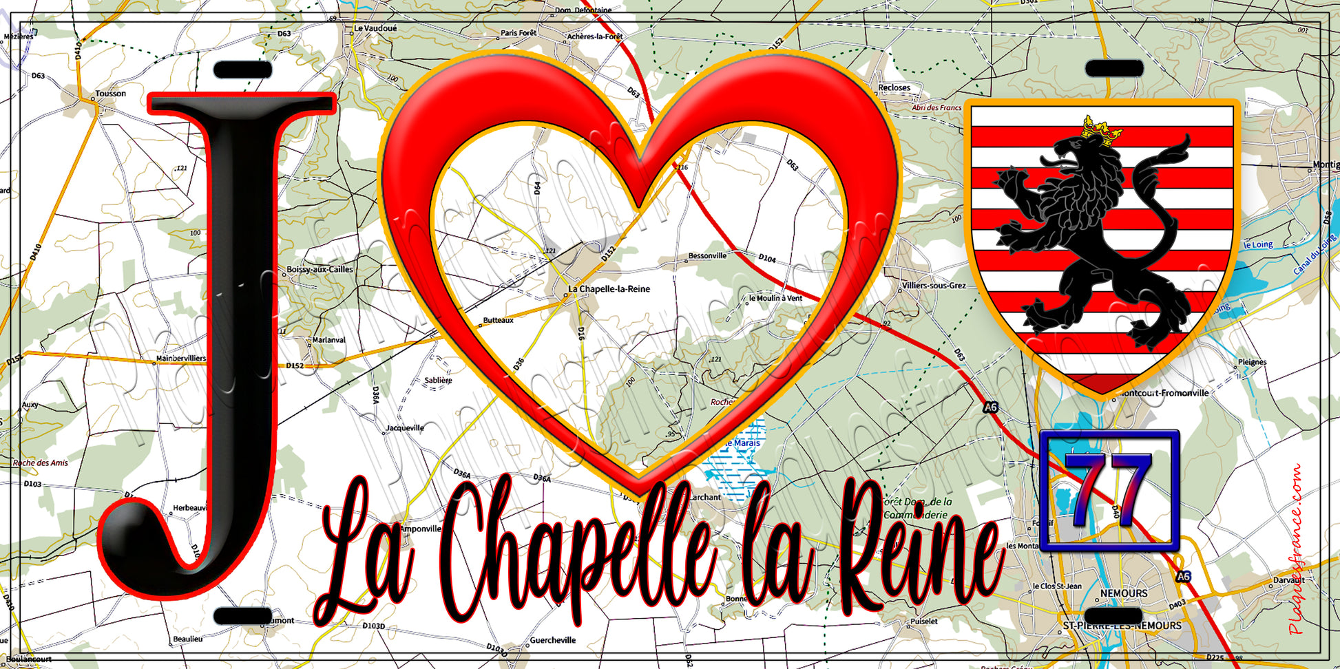 Plaque métal décorative  J' ❤️La Chapelle-la-Reine, Seine et Marne (77) fond carte