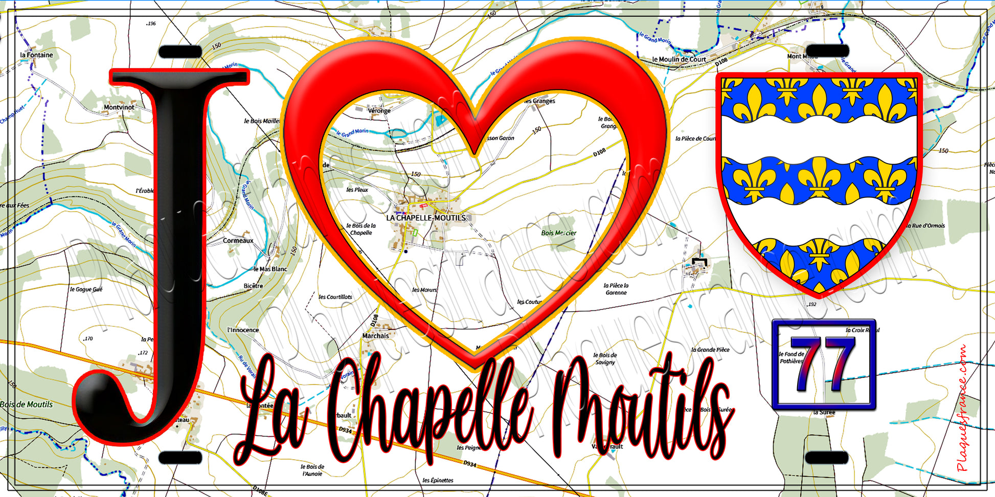 Plaque métal décorative  J' ❤️La Chapelle-Moutils, Seine et Marne (77) fond carte