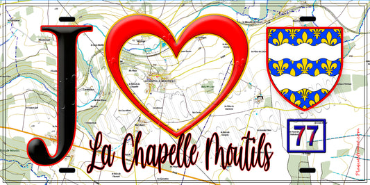 Plaque métal décorative  J' ❤️La Chapelle-Moutils, Seine et Marne (77) fond carte