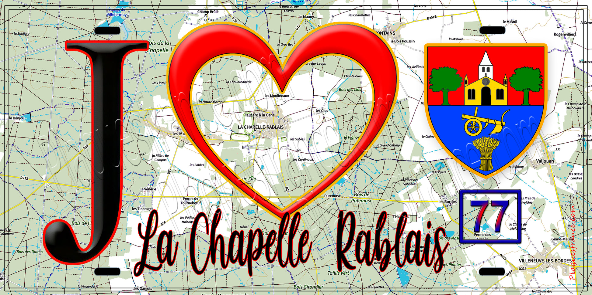 Plaque métal décorative  J' ❤️La Chapelle-Rablais, Seine et Marne (77) fond carte