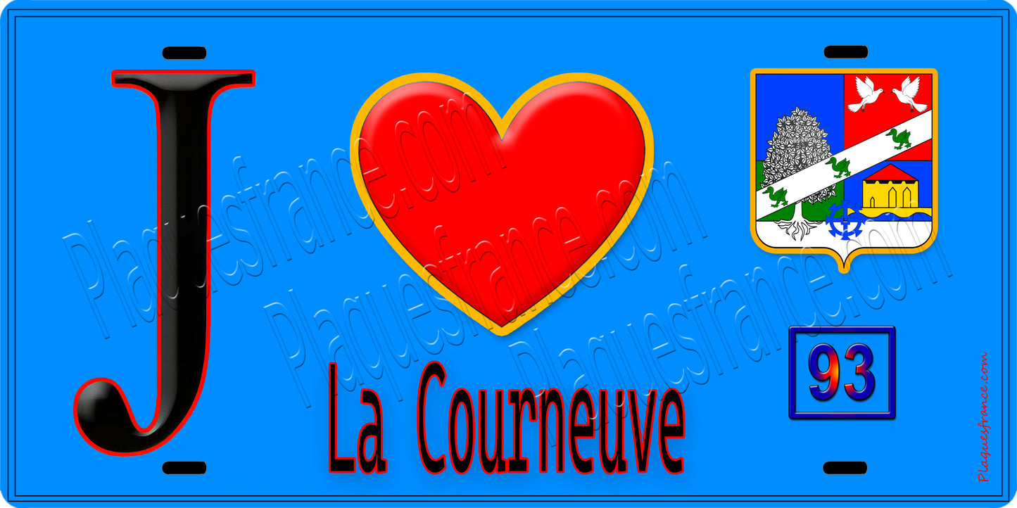 Plaque métal décorative  J' ❤️La Courneuve, Seine Saint Denis (93) fond bleu