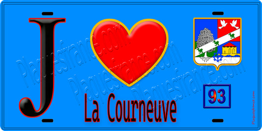 Plaque métal décorative  J' ❤️La Courneuve, Seine Saint Denis (93) fond bleu