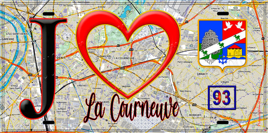 Plaque métal décorative  J' ❤️La Courneuve, Seine Saint Denis (93) fond cate