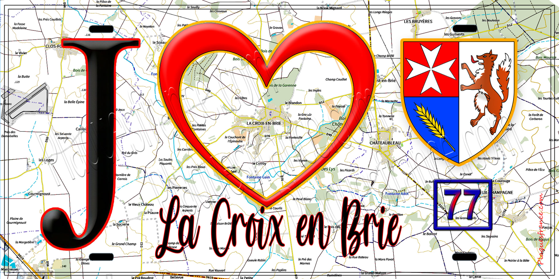 Plaque métal décorative  J' ❤️La Croix-en-Brie, Seine et Marne (77) fond carte