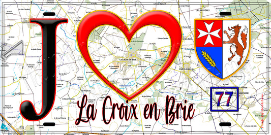 Plaque métal décorative  J' ❤️La Croix-en-Brie, Seine et Marne (77) fond carte