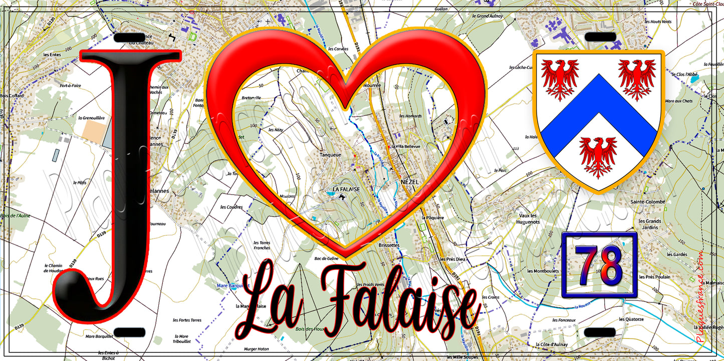 Plaque métal décorative  J' ❤️ La Falaise, Yvelines (78) fond carte