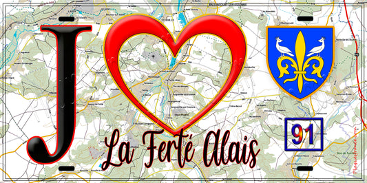 Plaque métal décorative  J' ❤️La Ferté-Alais, Essonne (91) fond carte