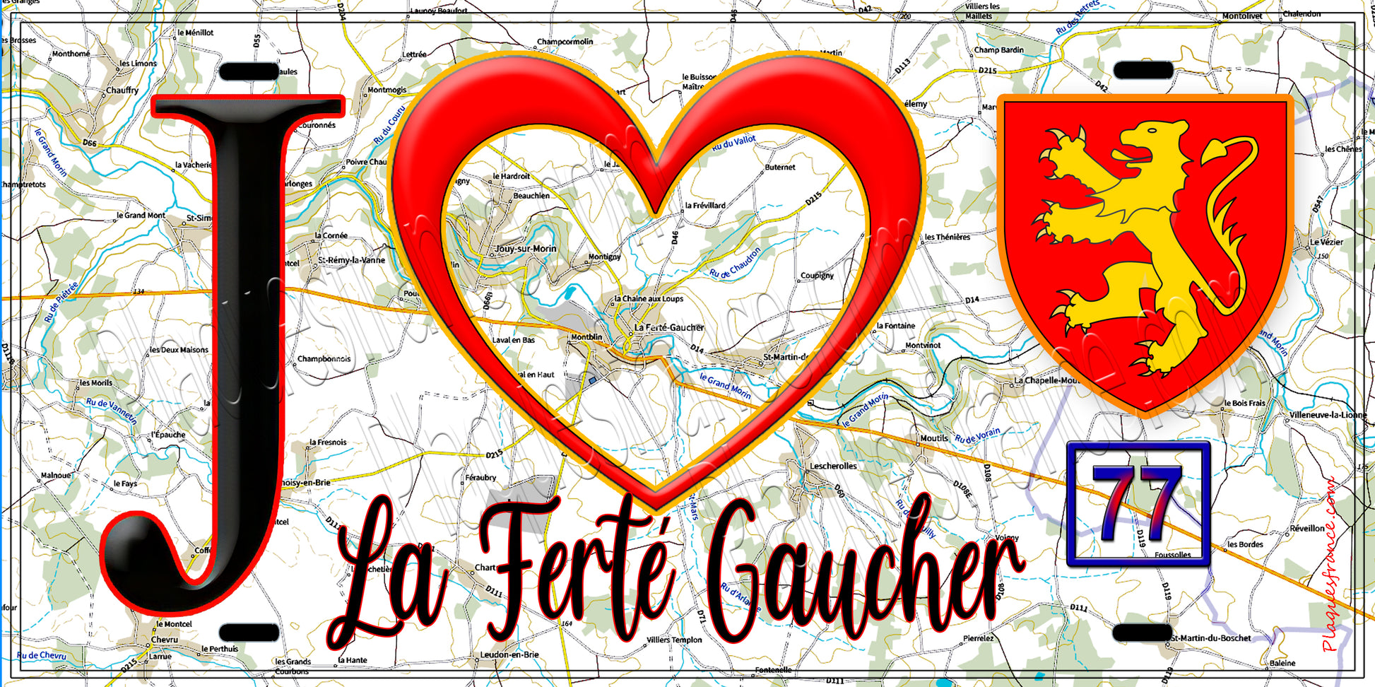 Plaque métal décorative  J' ❤️La Ferté-Gaucher, Seine et Marne (77) fond carte