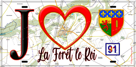 Plaque métal décorative  J' ❤️La Forêt-le-Roi, Essonne (91) fond carte