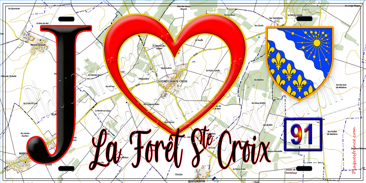 Plaque métal décorative  J' ❤️La Forêt-Sainte-Croix, Essonne (91) fond carte