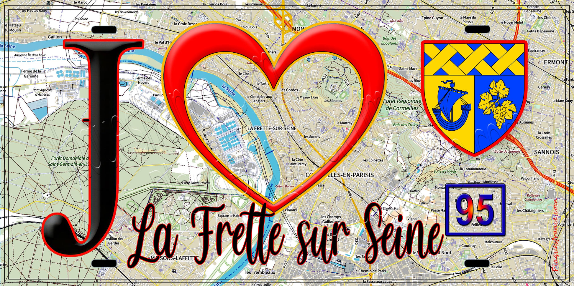 Plaque métal décorative  J' ❤️La Frette-sur-Seine, Val d'Oise (95) fond carte