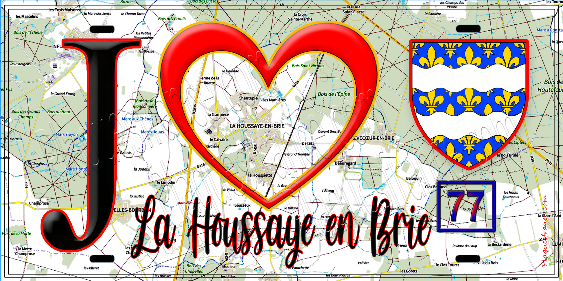 Plaque métal décorative  J' ❤️La Houssaye-en-Brie, Seine et Marne (77) fond carte