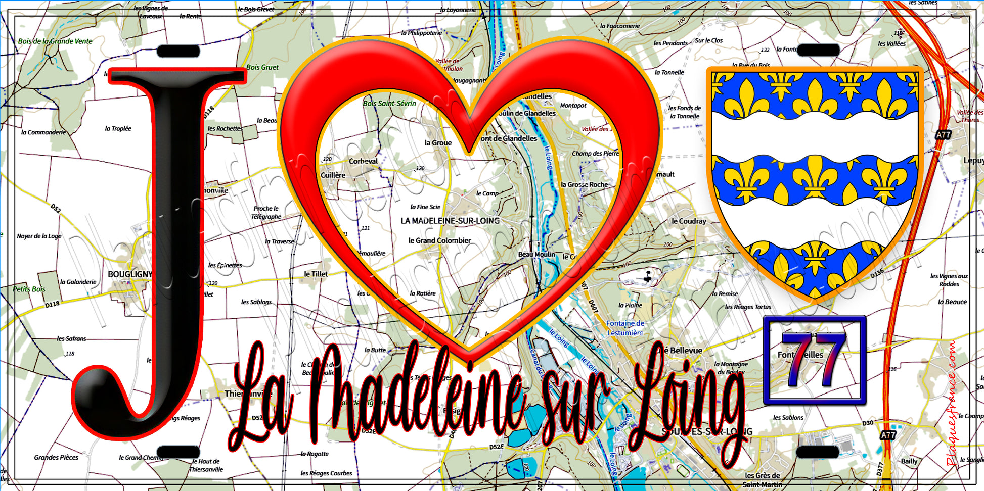 Plaque métal décorative  J' ❤️La Madeleine-sur-Loing, Seine et Marne (77) fond carte