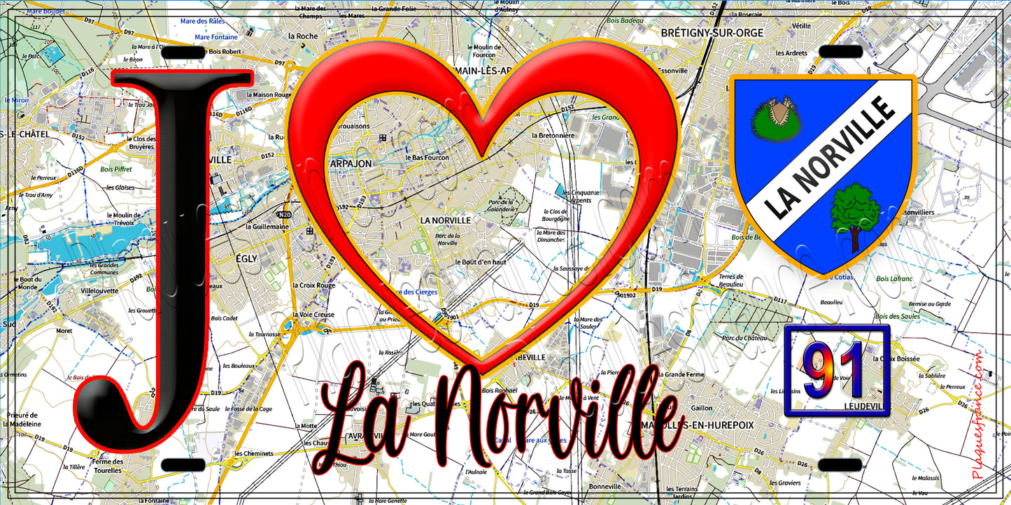 Plaque métal décorative  J' ❤️La Norville, Essonne (91) fond carte