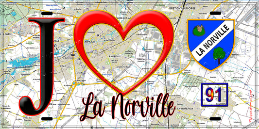 Plaque métal décorative  J' ❤️La Norville, Essonne (91) fond carte