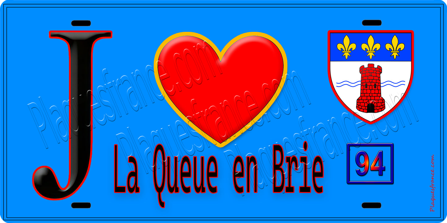 Plaque métal décorative  J' ❤️La Queue-en-Brie, Val de Marne (94) fond bleu