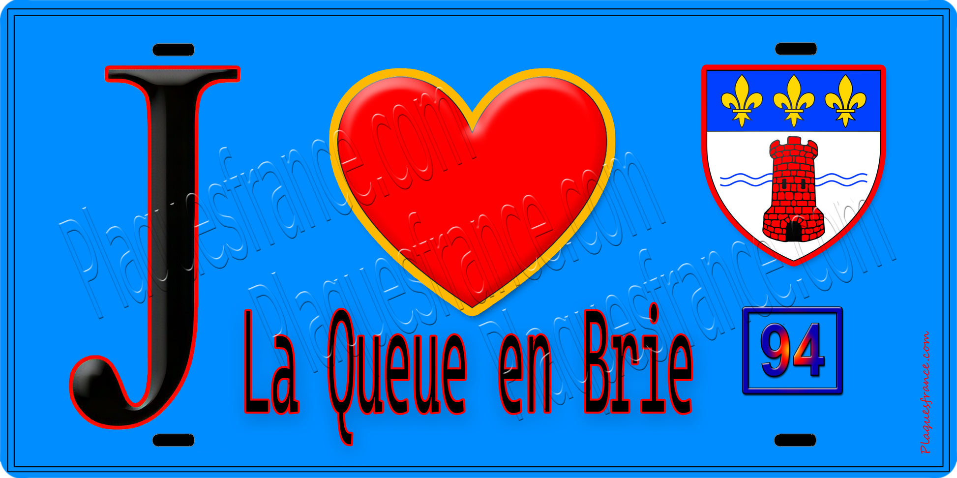 Plaque métal décorative  J' ❤️La Queue-en-Brie, Val de Marne (94) fond bleu