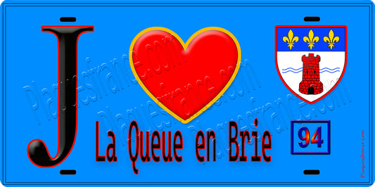 Plaque métal décorative  J' ❤️La Queue-en-Brie, Val de Marne (94) fond bleu