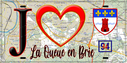 Plaque métal décorative  J' ❤️La Queue-en-Brie, Val de Marne (94) fond carte