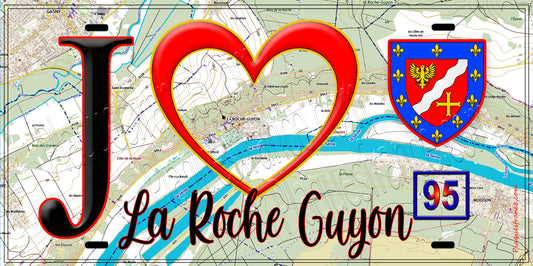 Plaque métal décorative  J' ❤️La Roche Guyon, Val d'Oise (95) fond carte