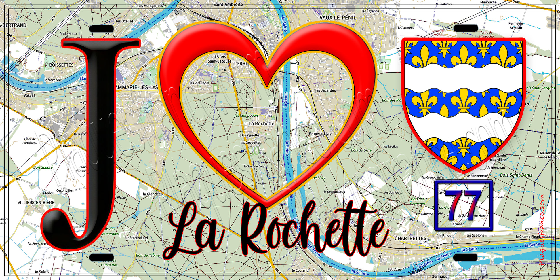 Plaque métal décorative  J' ❤️La Rochette, Seine et Marne (77) fond carte