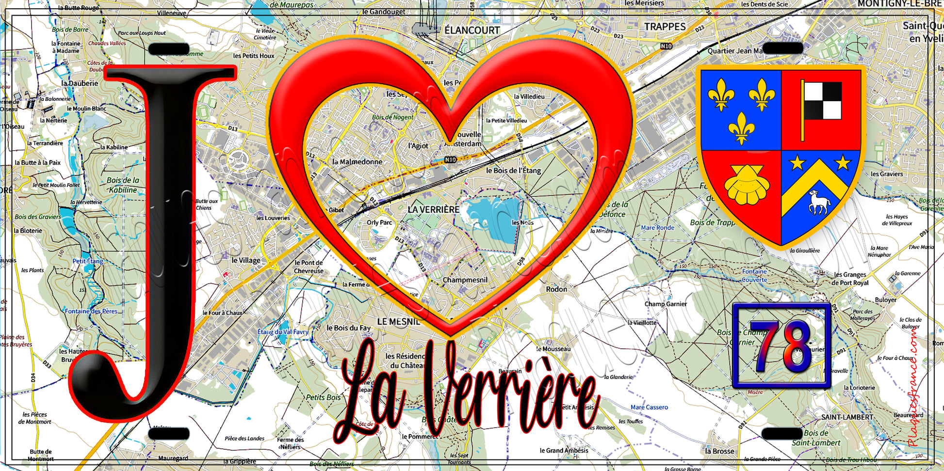 Plaque métal décorative  J' ❤️ La Verrière, Yvelines (78) fond carte