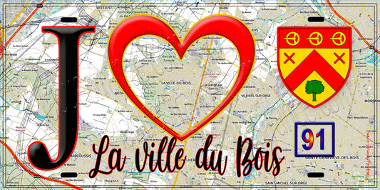 Plaque métal décorative  J' ❤️La Ville-du-Bois, Essonne (91) fond carte