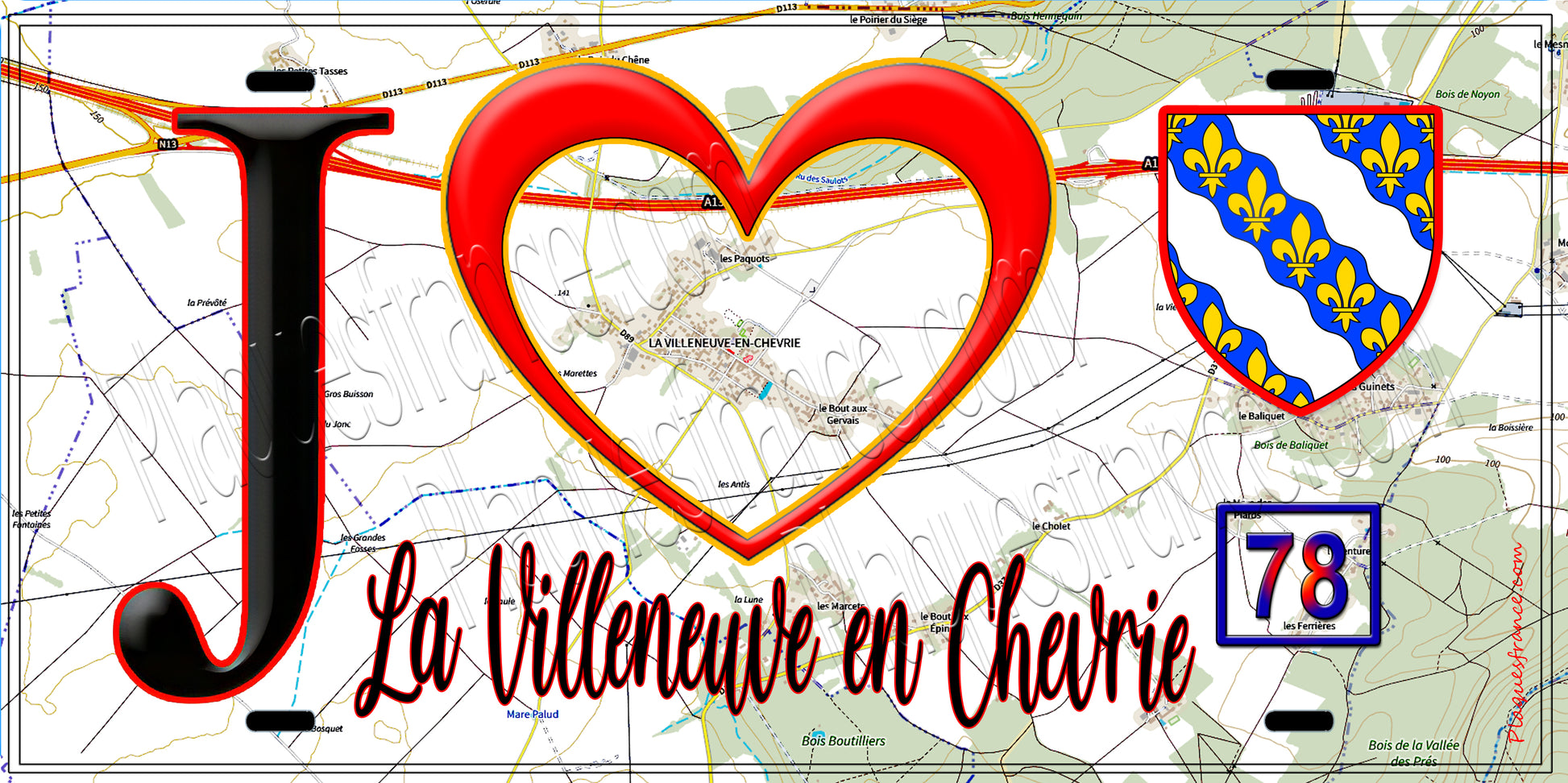 Plaque métal décorative  J' ❤️ La Villeneuve-en-Chevrie, Yvelines (78) fond carte