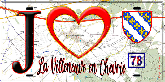 Plaque métal décorative  J' ❤️ La Villeneuve-en-Chevrie, Yvelines (78) fond carte