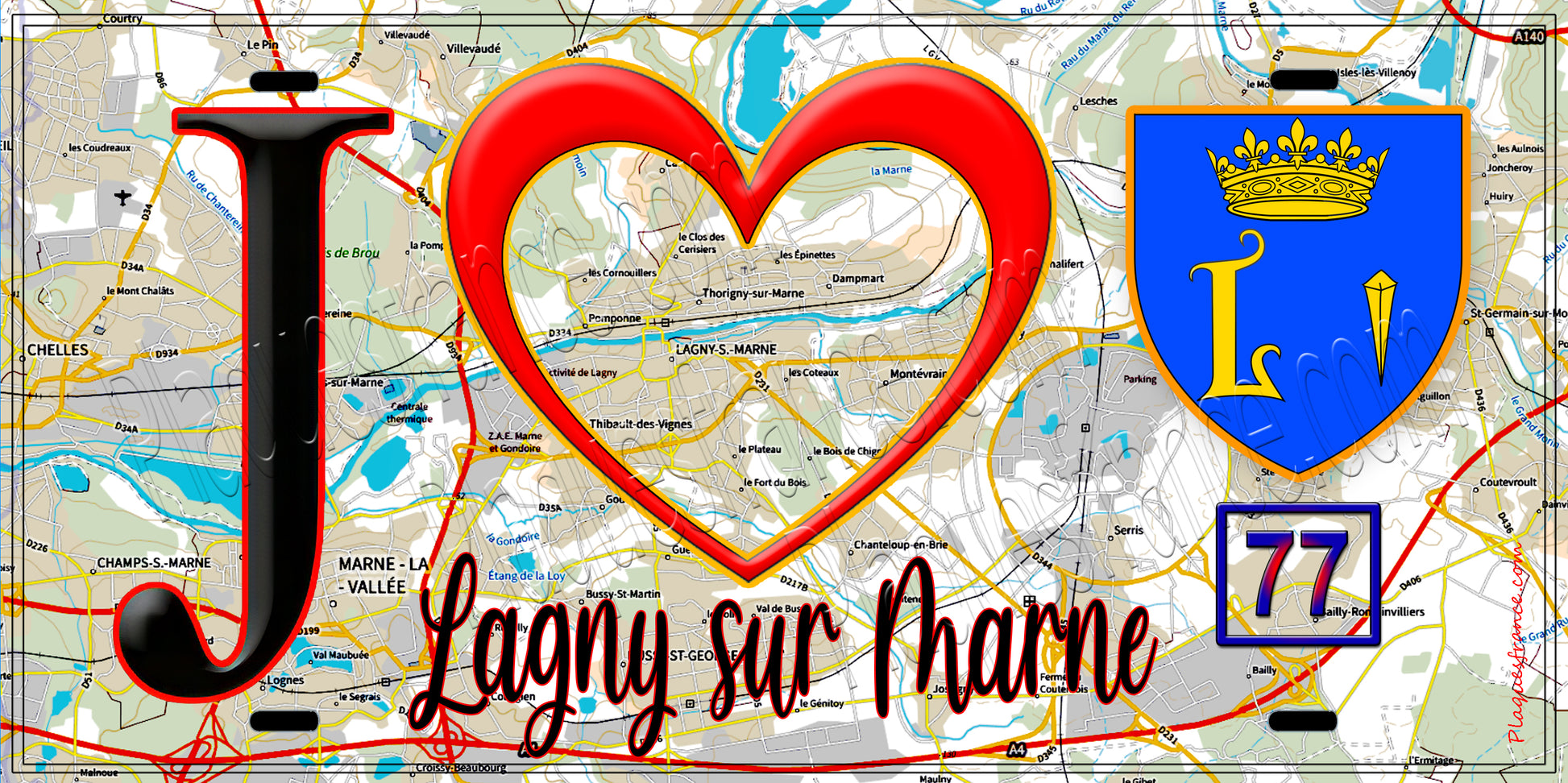 Plaque métal décorative  J' ❤️Lagny-sur-Marne, Seine et Marne (77) fond carte