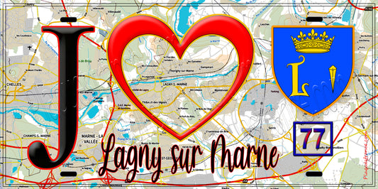 Plaque métal décorative  J' ❤️Lagny-sur-Marne, Seine et Marne (77) fond carte