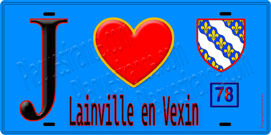 Plaque métal décorative  J' ❤️ Lainville-en-Vexin, Yvelines (78) fond bleu