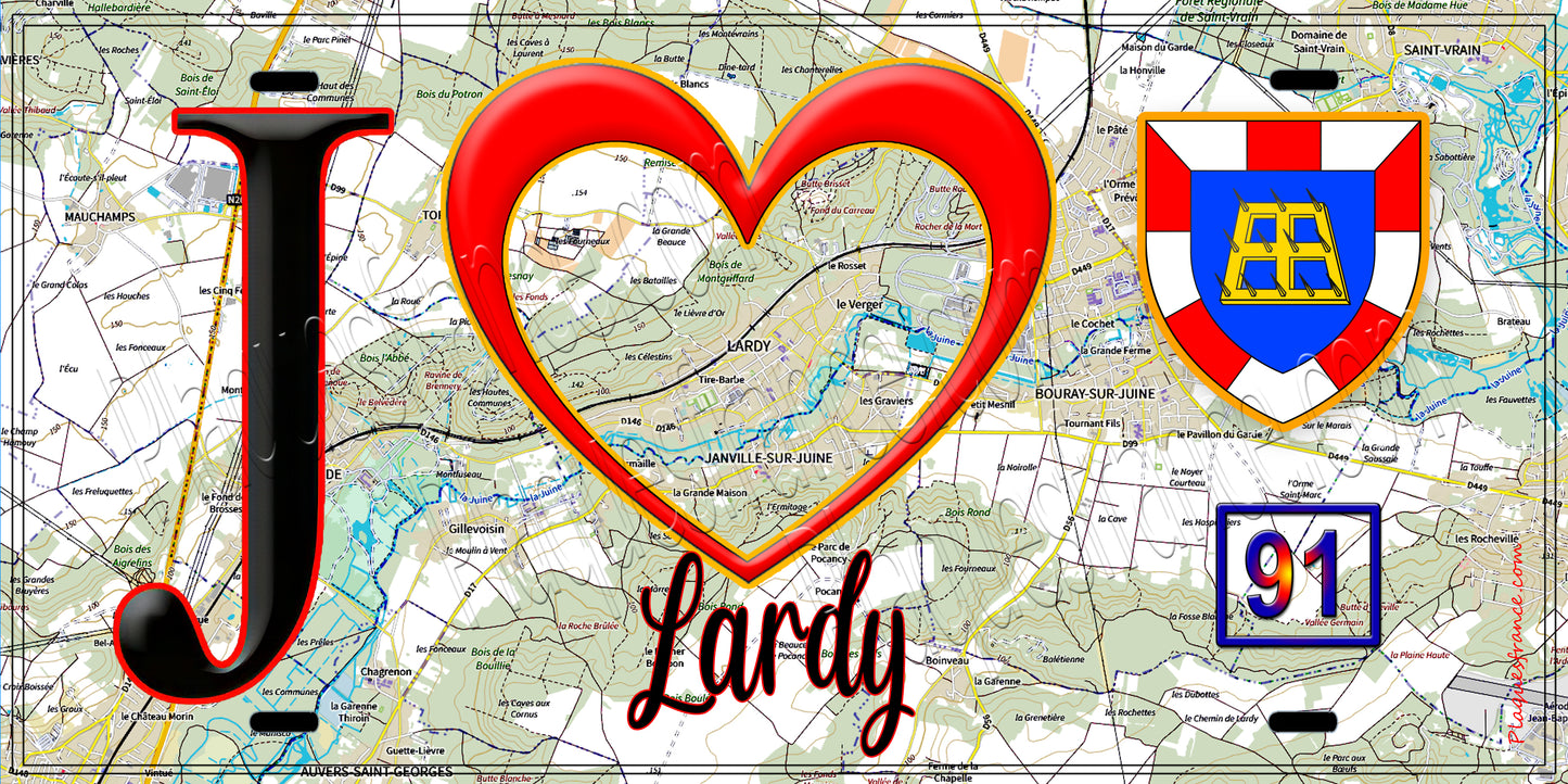 Plaque métal décorative  J' ❤️Lardy, Essonne (91) fond carte