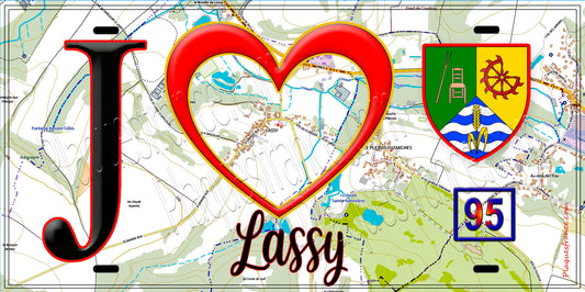 Plaque métal décorative  J' ❤️Lassy, Val d'Oise (95) fond carte