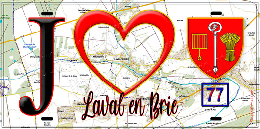Plaque métal décorative  J' ❤️Laval-en-Brie, Seine et Marne (77) fond carte