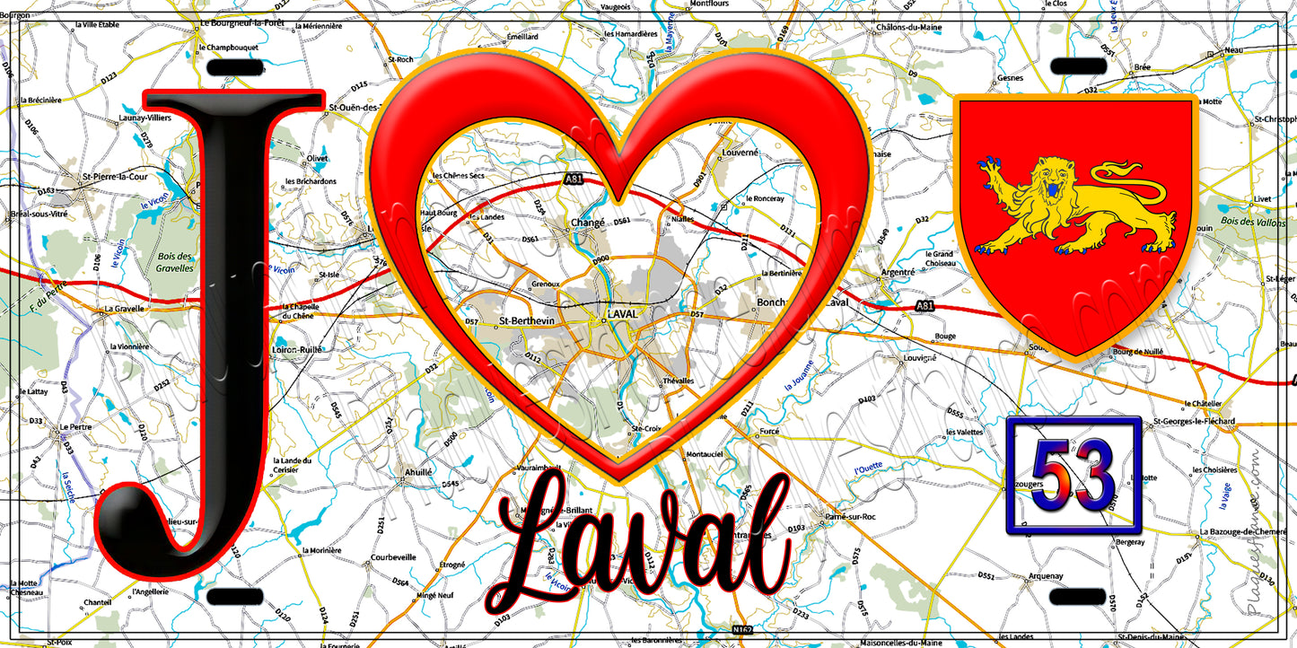 Plaque métal décorative  J' ❤️ Laval, Mayenne (53)