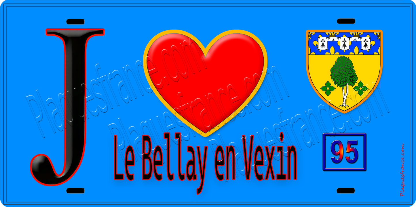 Plaque métal décorative  J' ❤️Le Bellay-en-Vexin, Val d'Oise (95) fond bleu