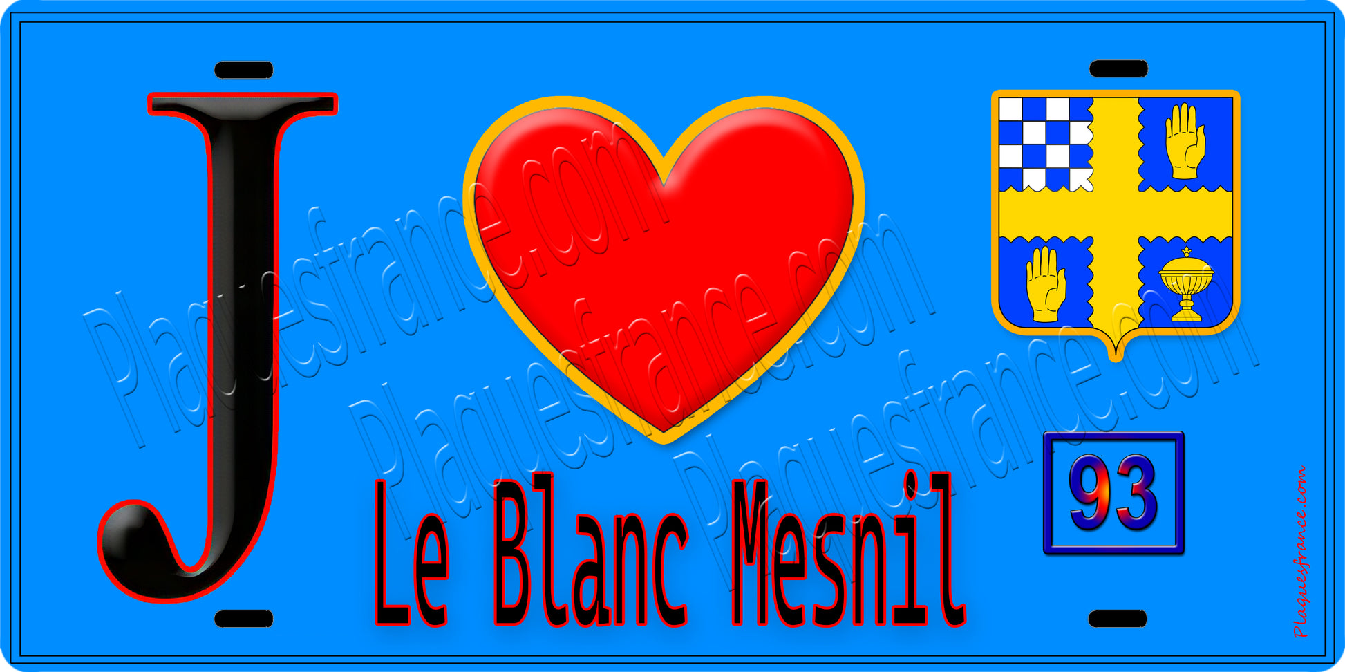 Plaque métal décorative  J' ❤️Le Blanc-Mesnil, Seine Saint Denis (93) fond bleu