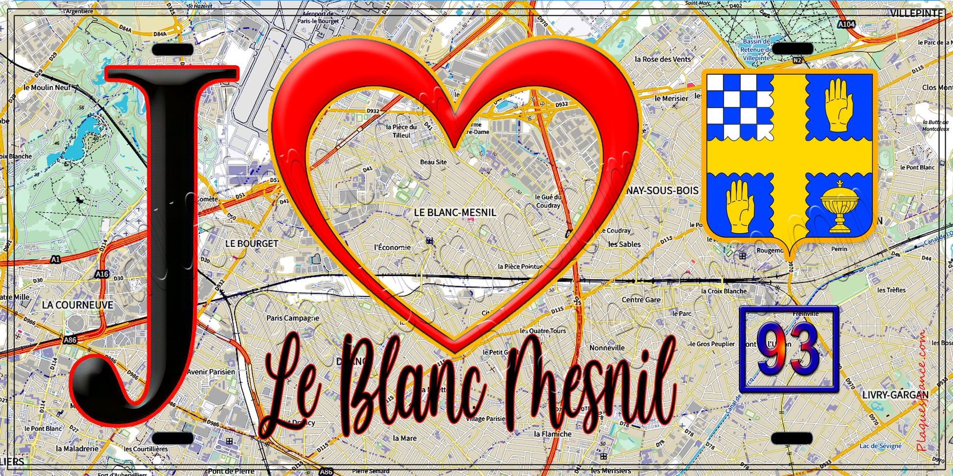 Plaque métal décorative  J' ❤️Le Blanc-Mesnil, Seine Saint Denis (93) fond carte