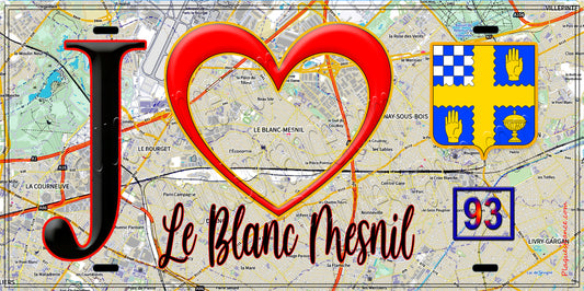 Plaque métal décorative  J' ❤️Le Blanc-Mesnil, Seine Saint Denis (93) fond carte
